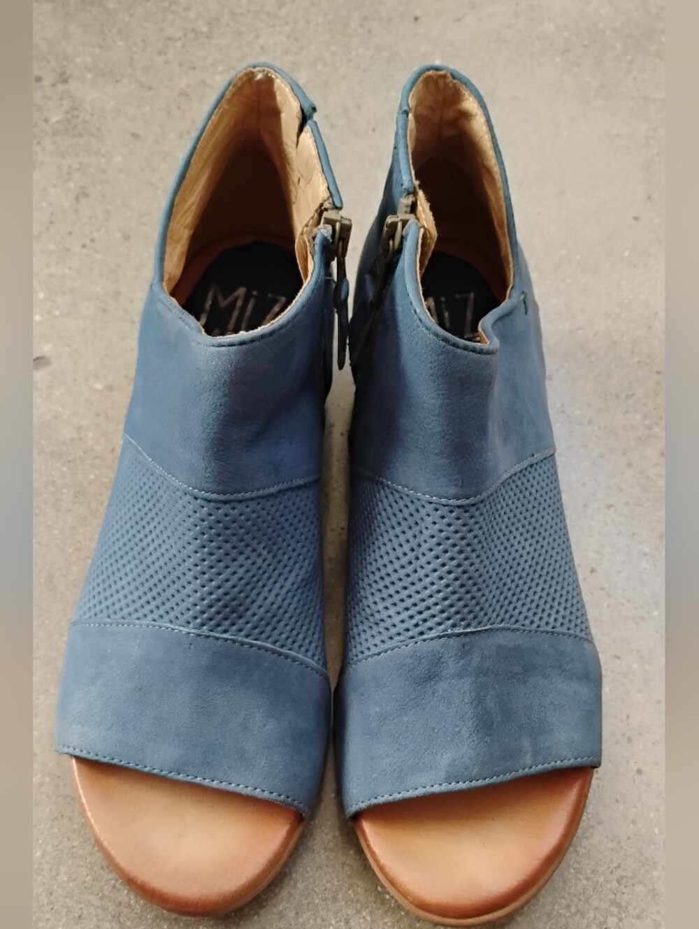 MIZ MOOZ Women's Blue Suede Open-Toe Ankle Booties with Perforated Upper Details